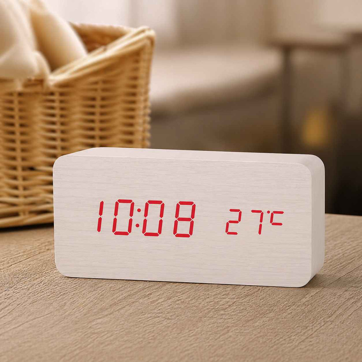 Wooden LED Alarm Clock with Temperature & 3 Alarms - Desk or Bedside
