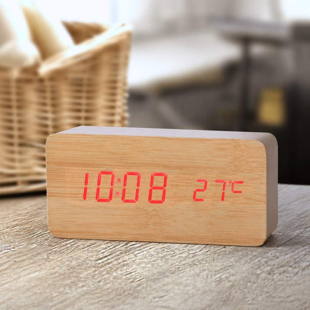 Wooden LED Alarm Clock with Temperature & 3 Alarms - Desk or Bedside