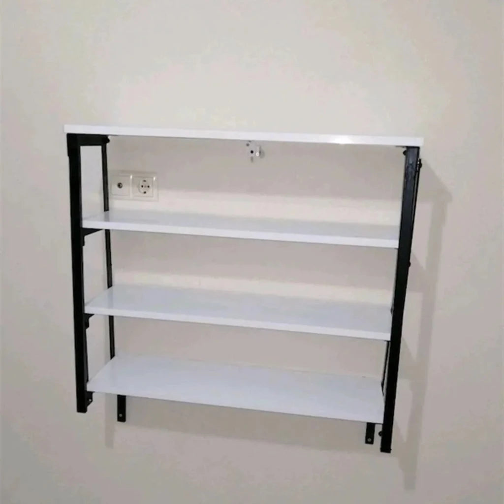 Folding Bookshelf Table with White Top on Wall 