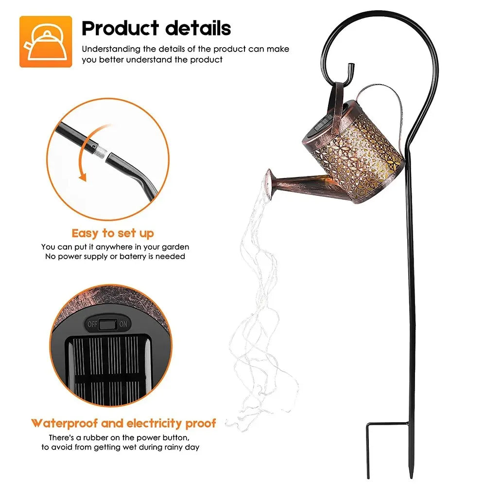 Solar Powered LED Hanging Watering Can Lantern Lights